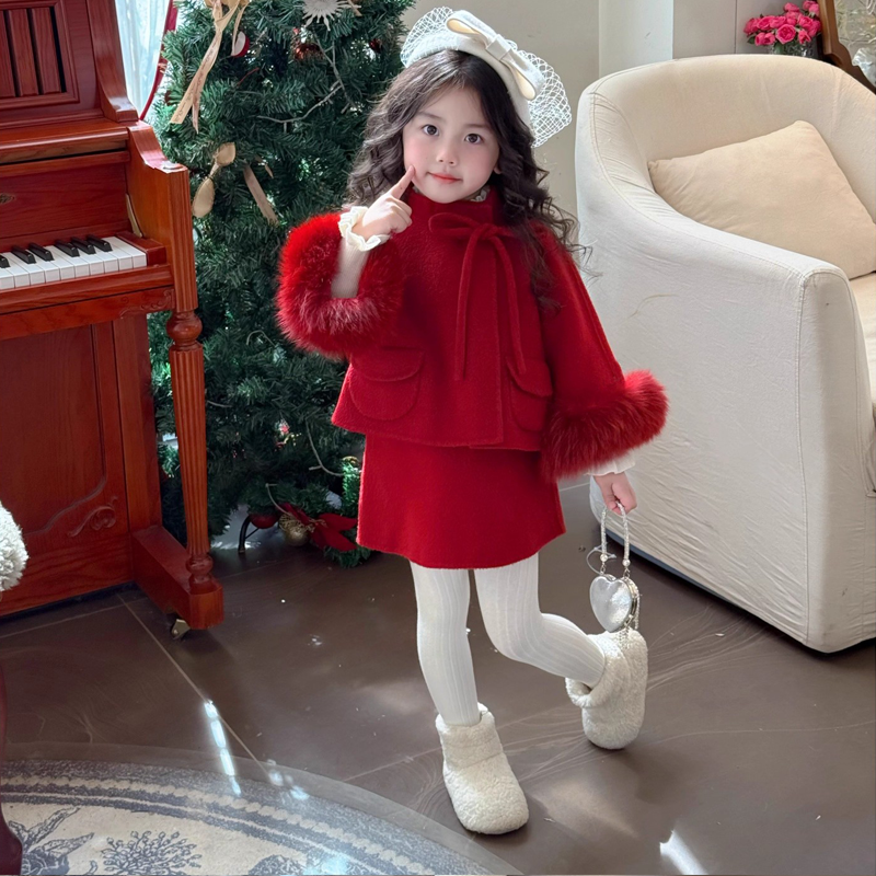 女童加绒红色新年拜年服套装冬季韩版洋气时尚小香风加厚毛呢衣服