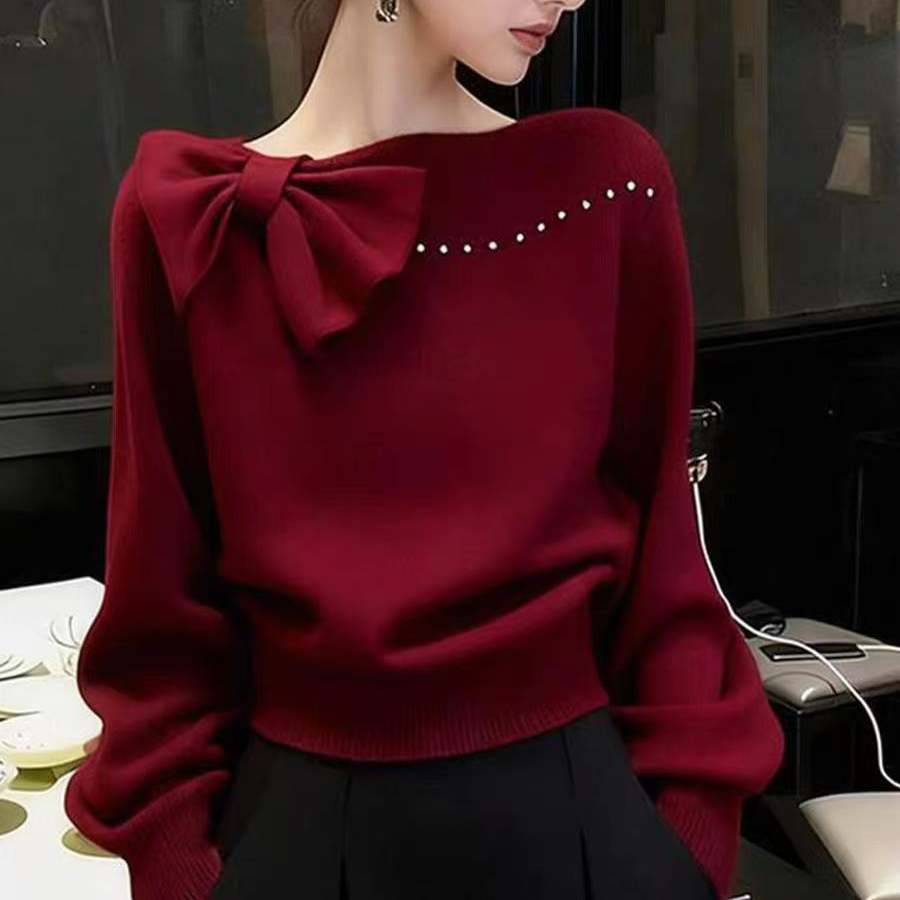 法式小香风蝴蝶结毛衣女新款秋冬季高级感设计内搭针织衫上衣小众