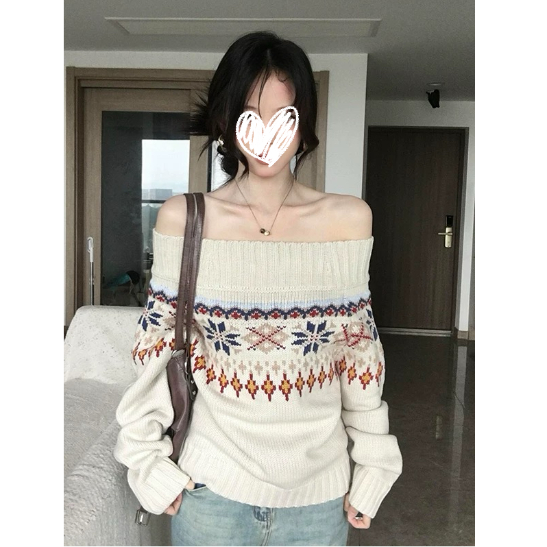 复古费尔岛提花粗针一字肩宽松厚实秋冬毛衣#Y5793