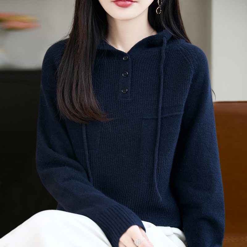 拉夏贝尔连帽卫衣针织打底衫女2025新款春秋洋气上衣大码秋冬毛衣
