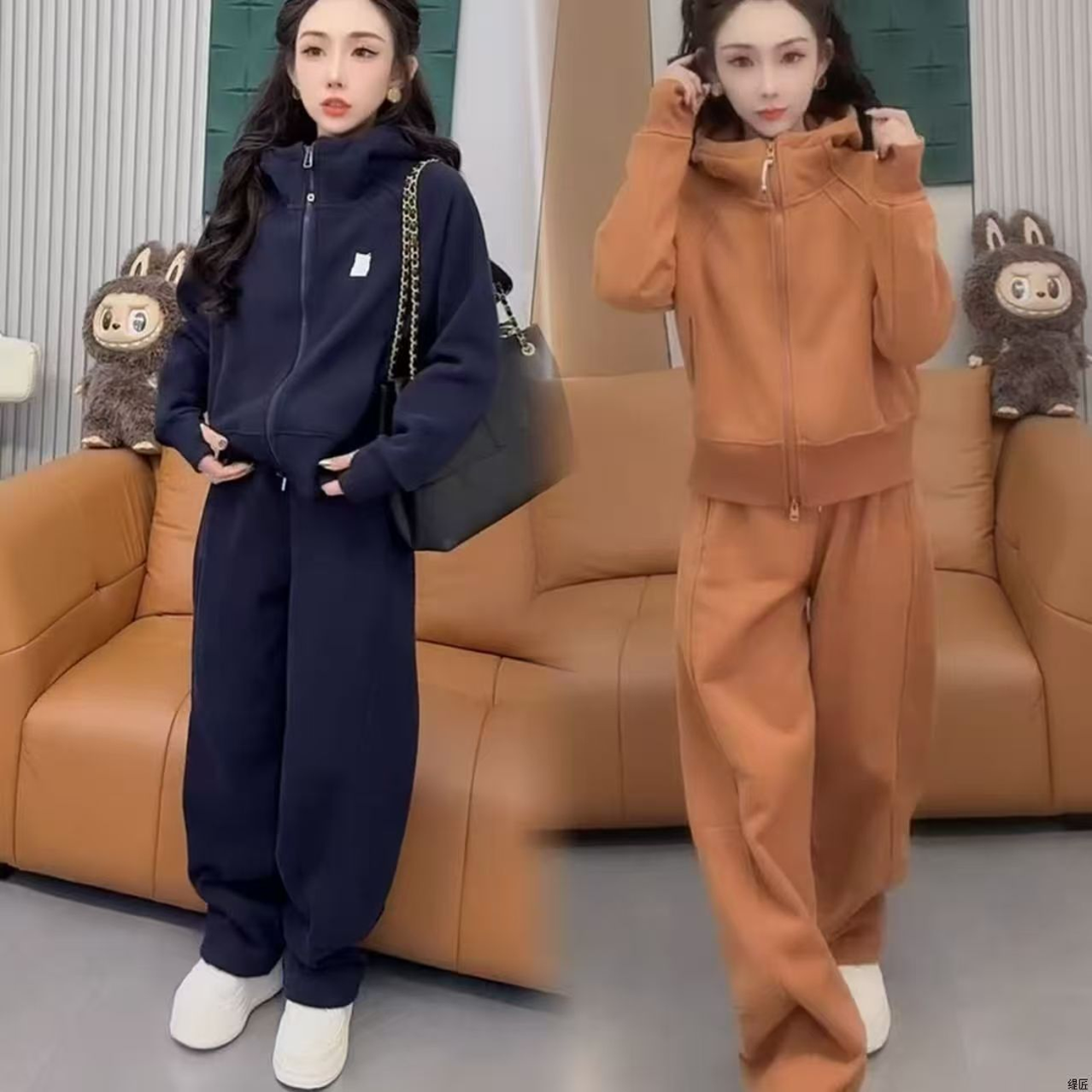 加绒加厚气质百搭开衫运动套装秋冬新爆款显瘦连帽开衫休闲阔腿裤