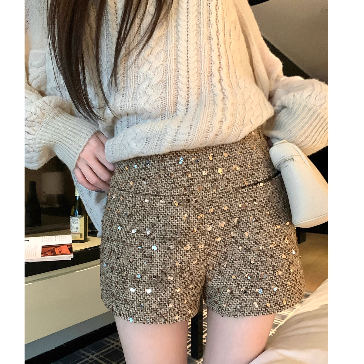 重工亮片设计感阔腿ap字短裤女秋季新款时尚气质高腰显瘦休闲裤子