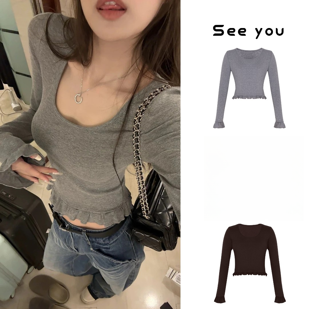 短款弹力螺纹竹节棉大圆领木耳花边长袖打底衫A3891
