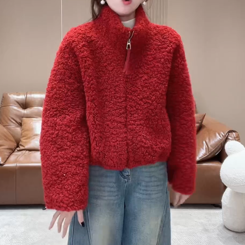 冬季厚款名媛淑女风气质立领宽松小个子毛毛外套女LK2508965