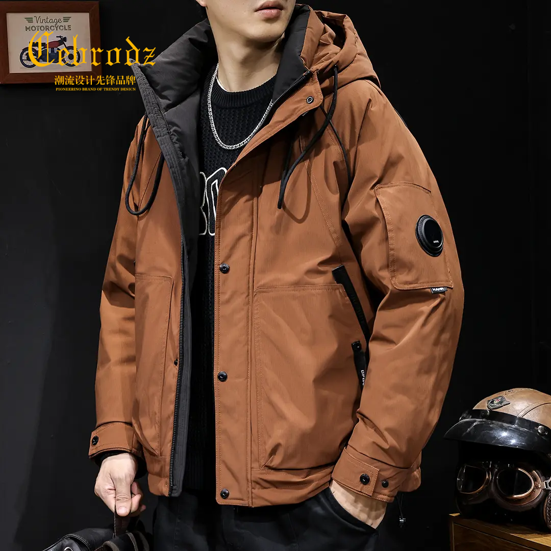 法国Cebrodz连帽男士短款潮牌工装外套砖红羽绒服男冬季新款保暖