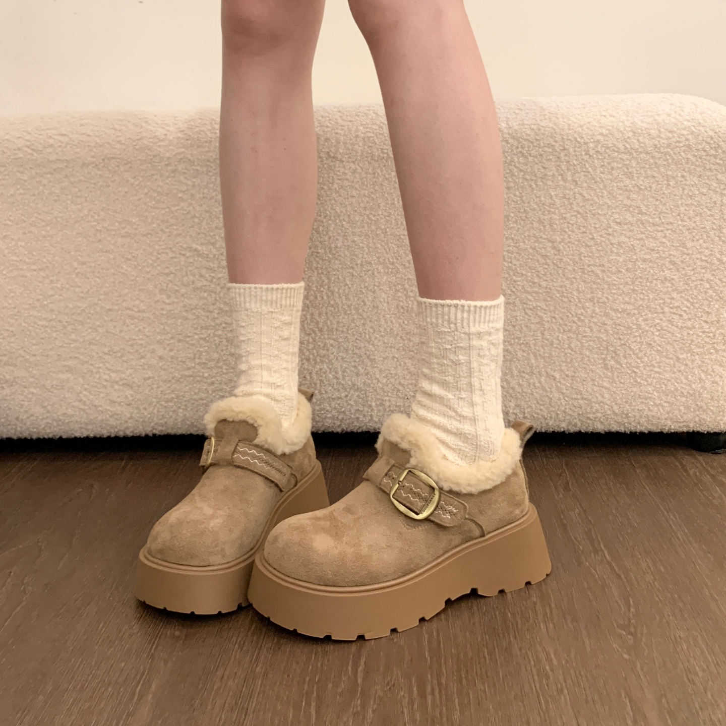 厚底增高加绒保暖勃肯鞋女鞋2025新款冬季雪地靴乐福鞋毛毛棉鞋