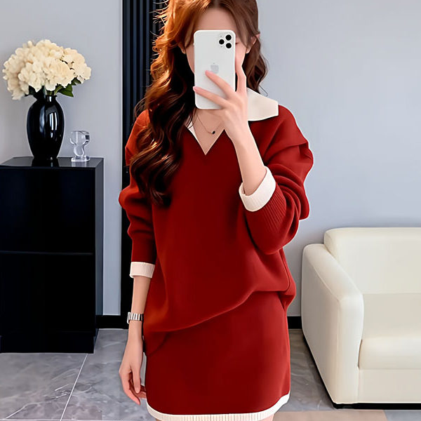 大码胖MM法式红色针织上衣短裙两件套新款毛衣套装韩系穿搭一整套