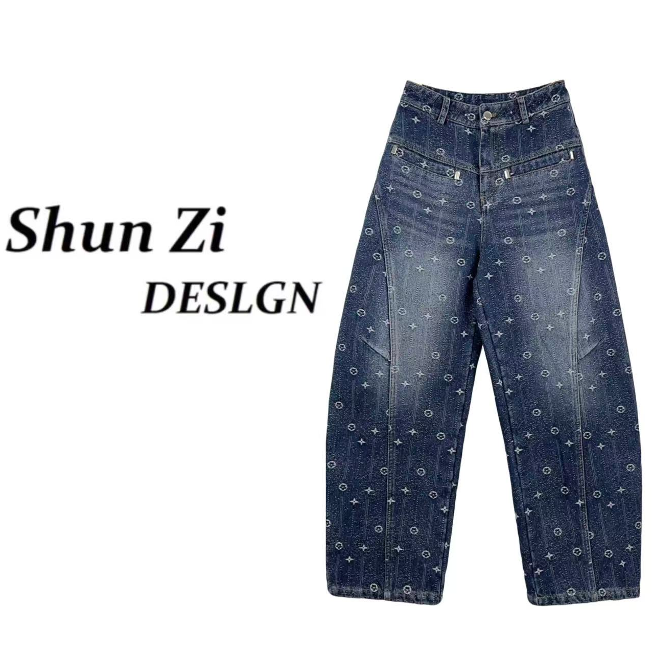 顺子/SZ10077 【加绒加厚】港风绣花牛仔复古洗水立体裁剪弯刀裤