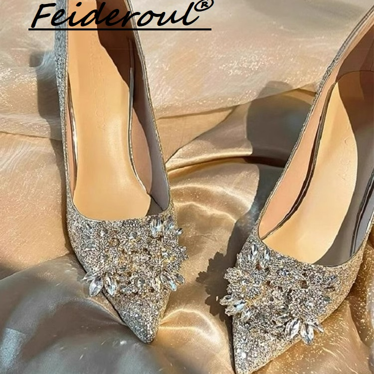 Feideroul女2024新款尖头细跟单鞋女水晶伴娘新娘婚鞋不累脚