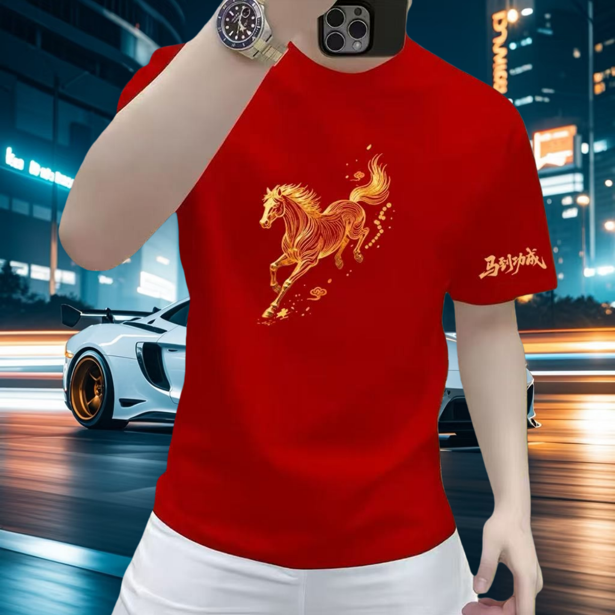 2026马年爆款纯棉印花短袖T恤衫男士本命年红色国潮体恤上衣半袖