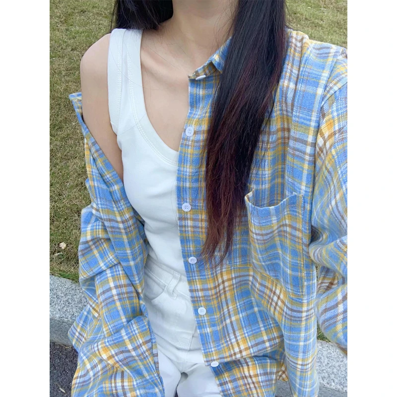 黄蓝格子设计感衬衫男款春夏高级感休闲情侣衬衣美式复古百搭外套