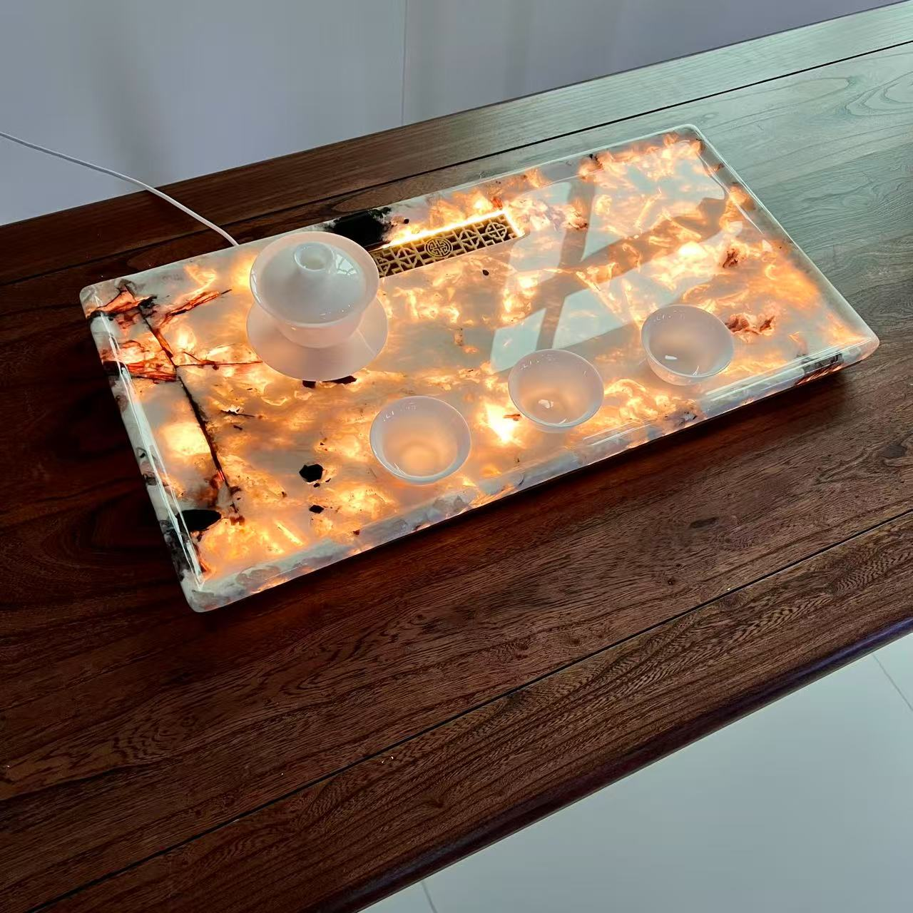 天然奢石雪山蓝天山暮雪潘多拉发光茶盘托盘排水轻奢家用石茶盘