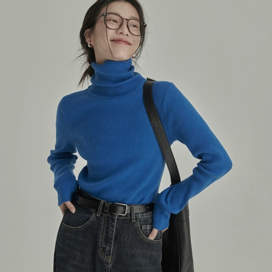 克莱因蓝配大衣高领毛衣女秋冬季新款内搭修身显瘦针织加厚打底衫