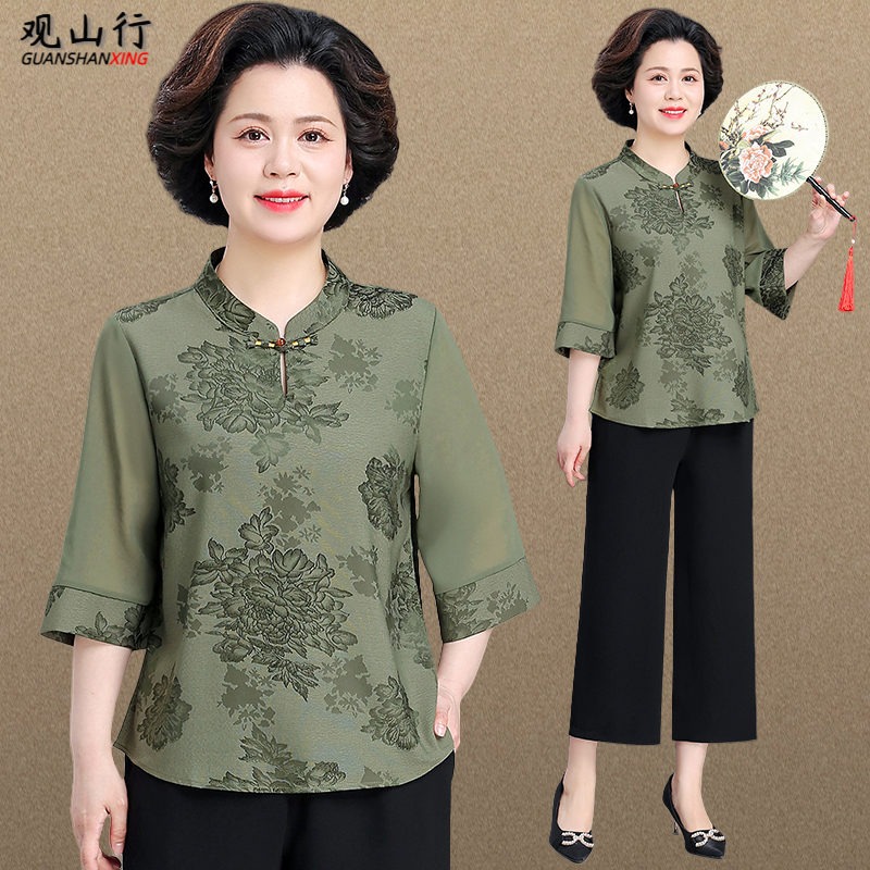 夏季妈妈装七分袖雪纺衫上衣2025新款洋气中老年女装薄款休闲套装