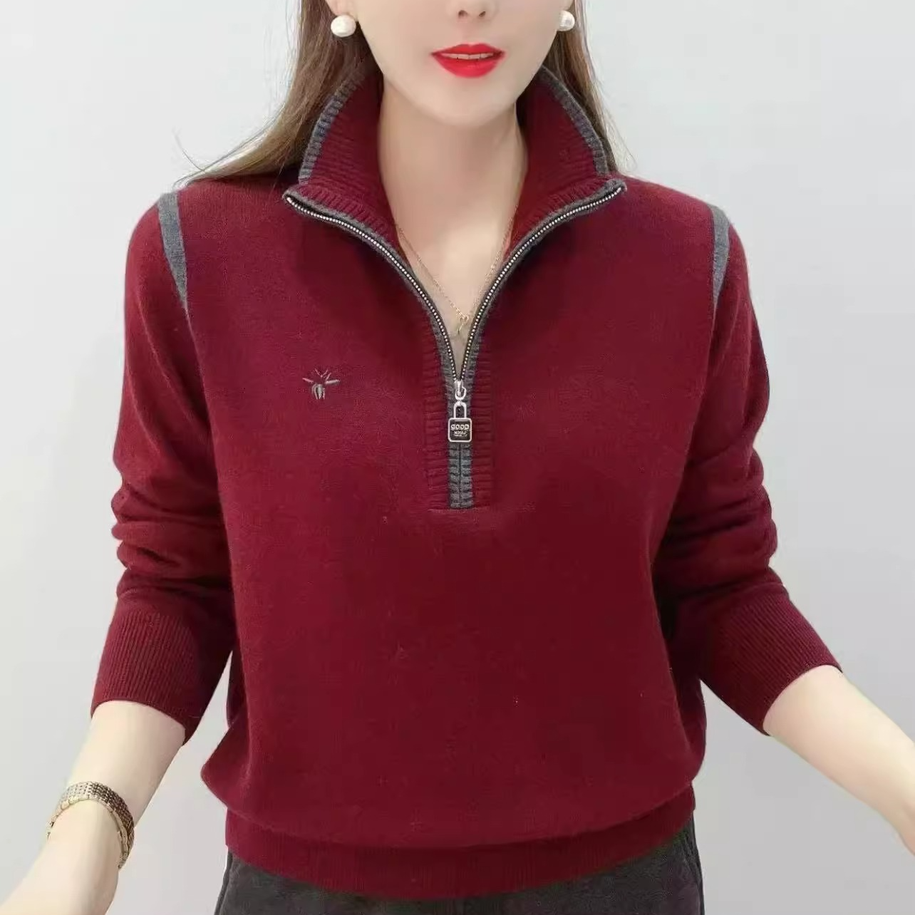重磅爆款爆款羊毛衫女秋冬宽松外穿针织半拉链翻领打底羊绒毛衣