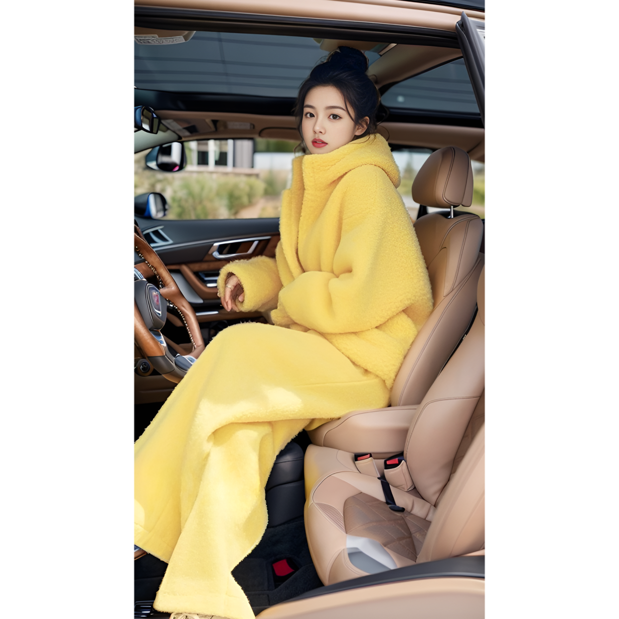 一整套深冬穿搭2024新款小个子显高黄色连帽上衣长裤两件套