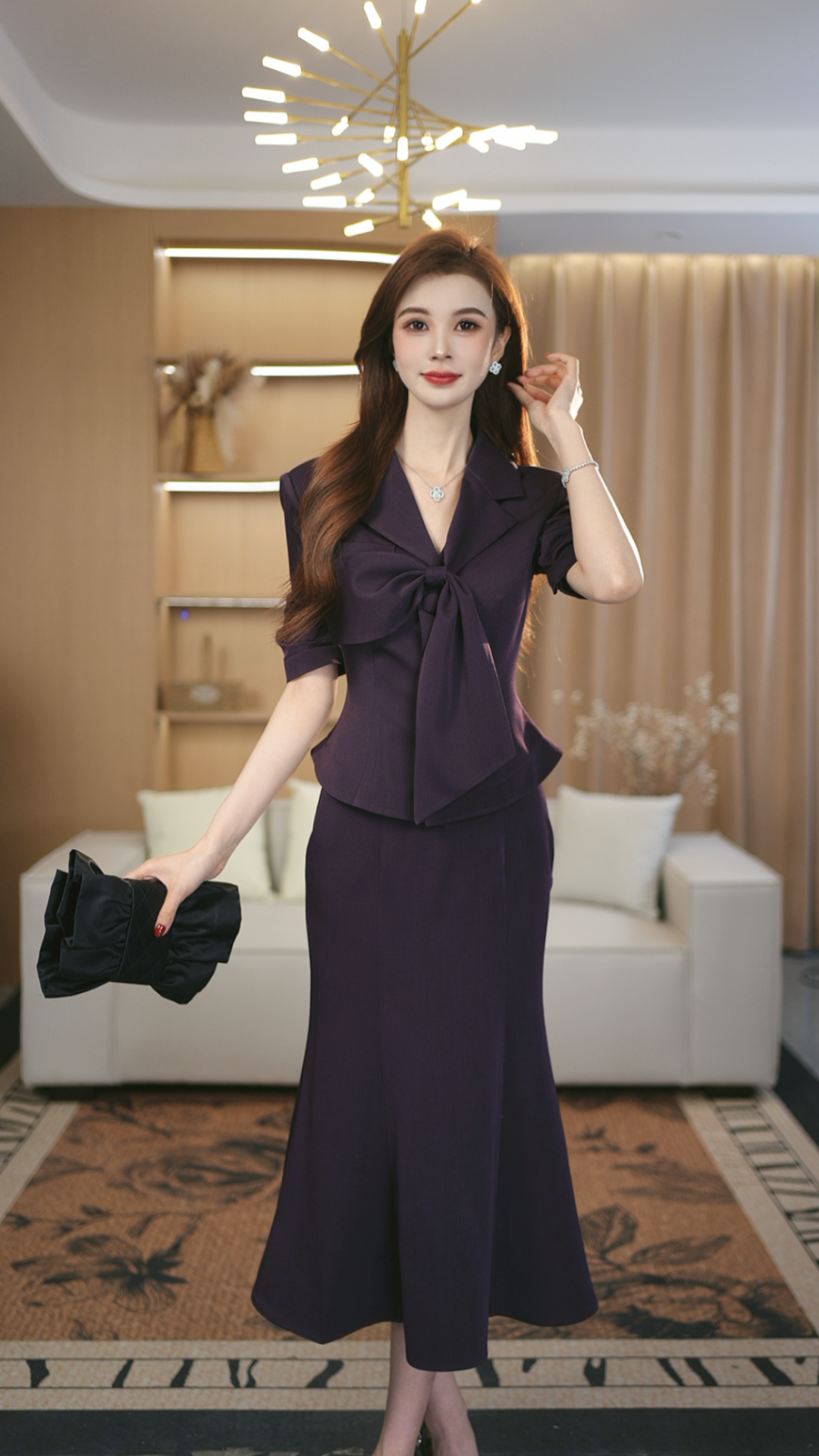 罗曼定制   原创设计法式西装长袖蝴蝶结修身上衣+半身裙套装