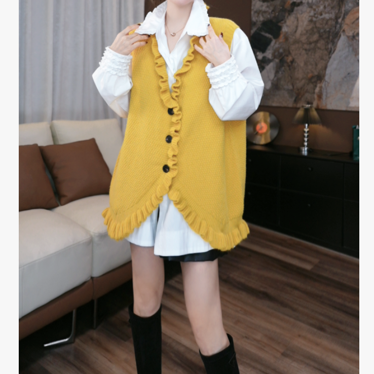 【鑫蕾】新款马甲法式设计荷叶边学院风针织马甲9207