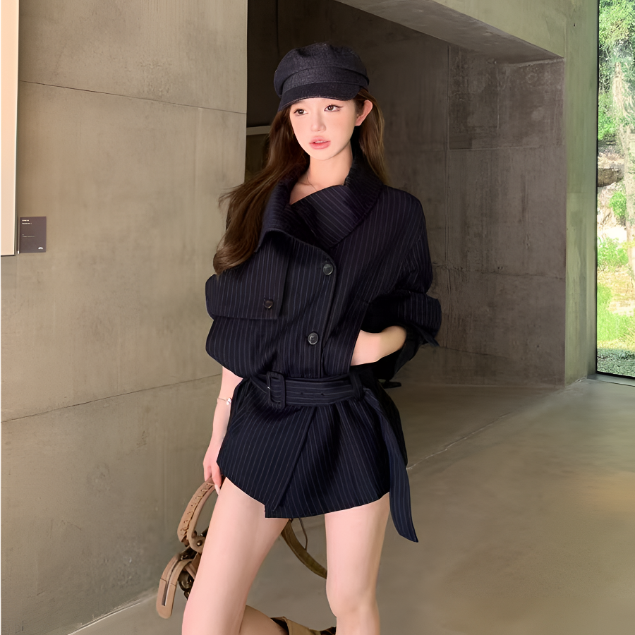 大翻领风衣收腰短款外套配腰带女