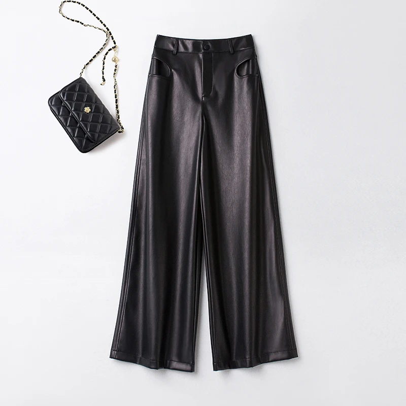 2025新款海宁皮裤女高腰阔腿裤绵羊皮时尚百搭显瘦长裤THE-2417#