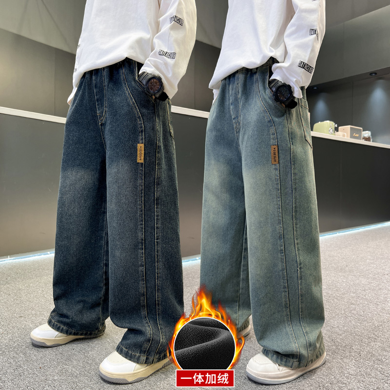 男童牛仔裤2025新款加绒休闲宽松裤子中大童韩版直筒裤潮流阔腿裤