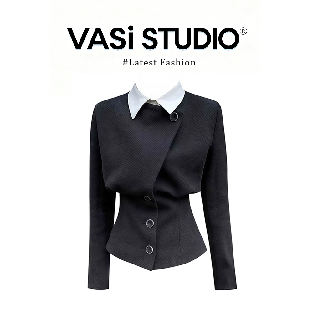 VASI御姐风假两件毛呢外套女秋季新款设计感收腰显瘦短款上衣