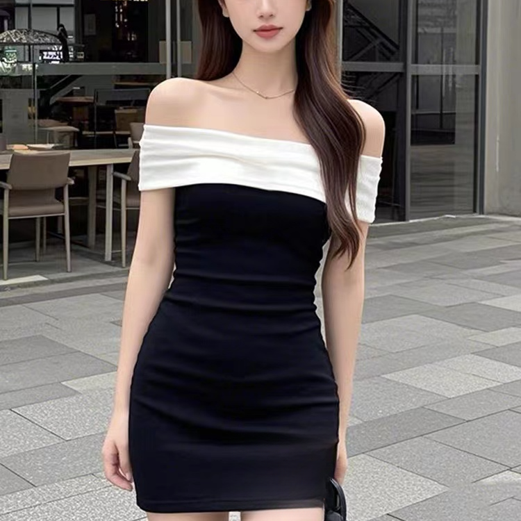 修身性感显瘦包臀裙法式夏季新款礼服小众撞色露肩一字领连衣裙女