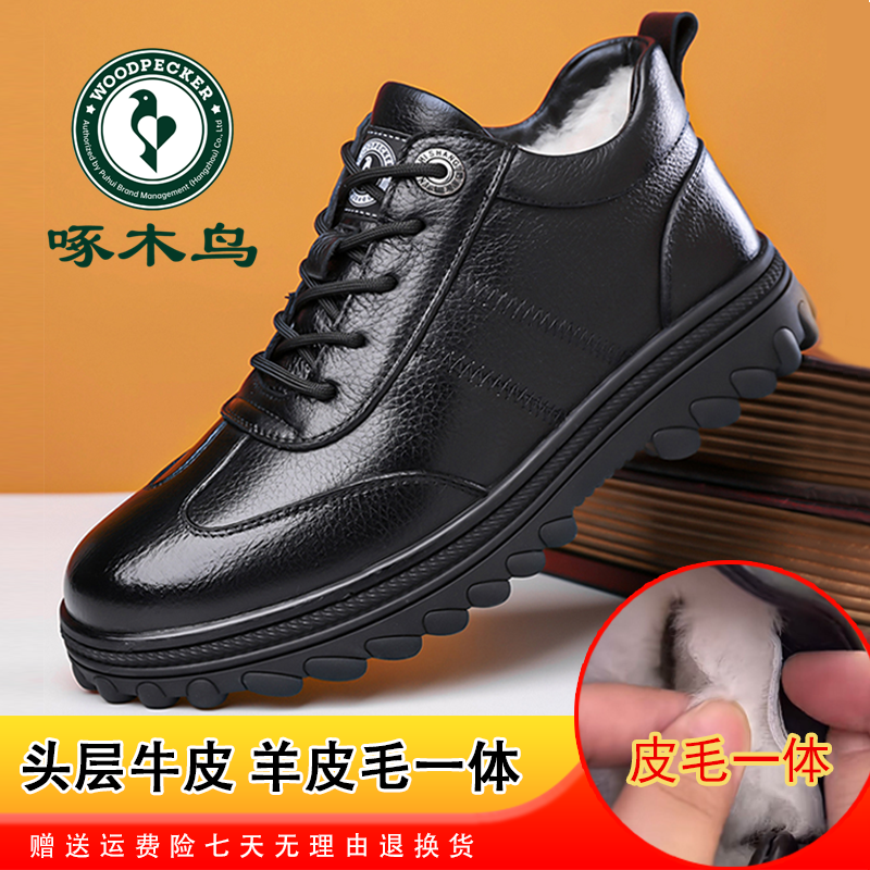 啄木鸟男士棉鞋冬季加绒加厚高帮棉皮鞋男真皮羊皮毛一体雪地靴子