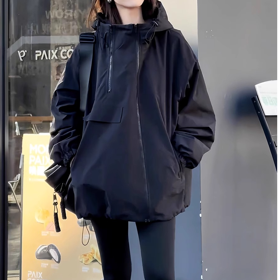 贵芙雅高级感超好看黑色冲锋衣外套女秋2025新款薄棉服休闲夹棉衣