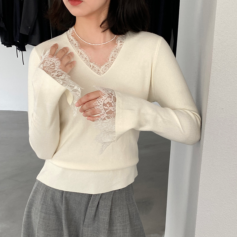 米白色蕾丝边针织衫女2025秋季新款v领打底衫