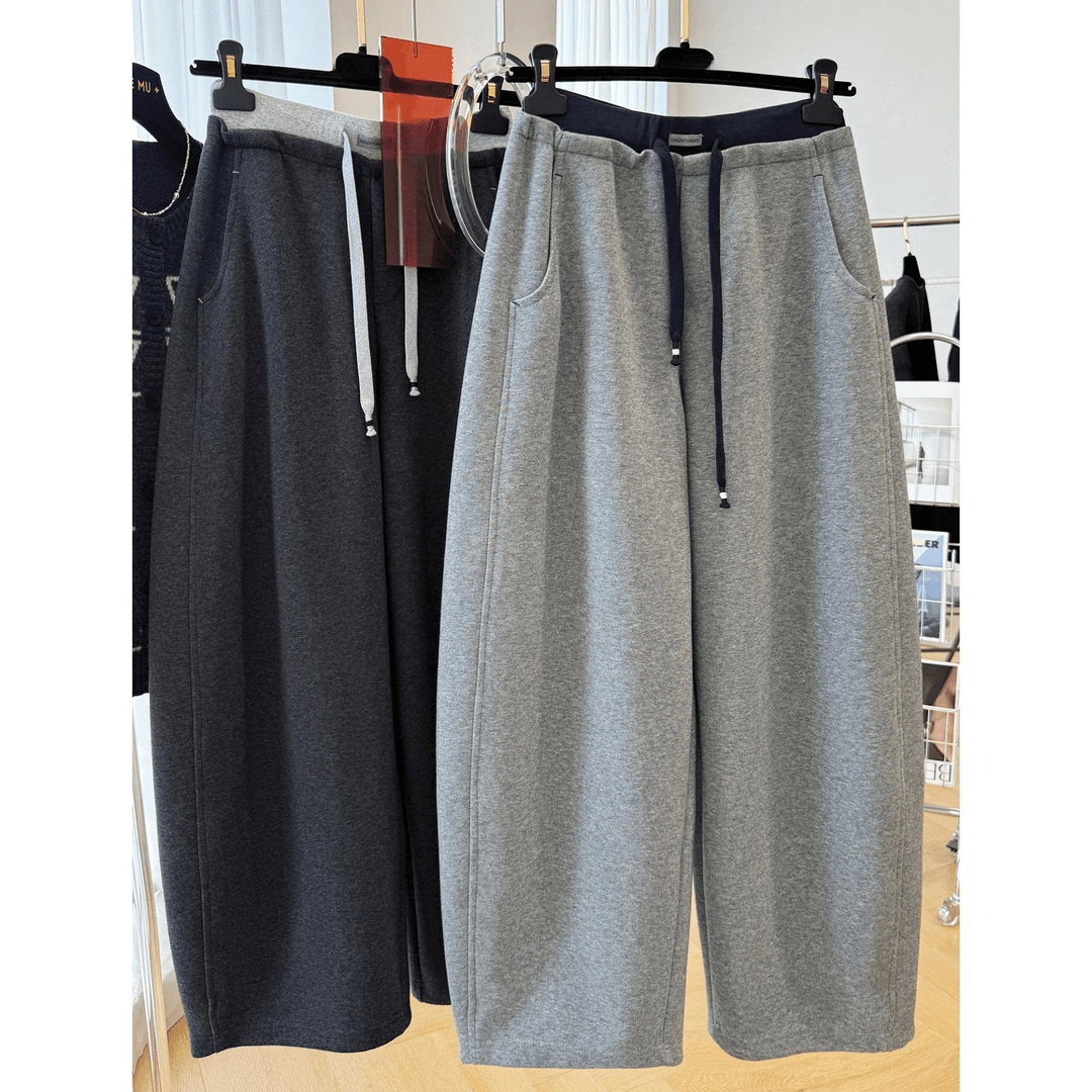 韩系慵懒风撞色抽绳直筒阔腿休闲裤女秋季梨形身材显瘦宽松弯刀裤