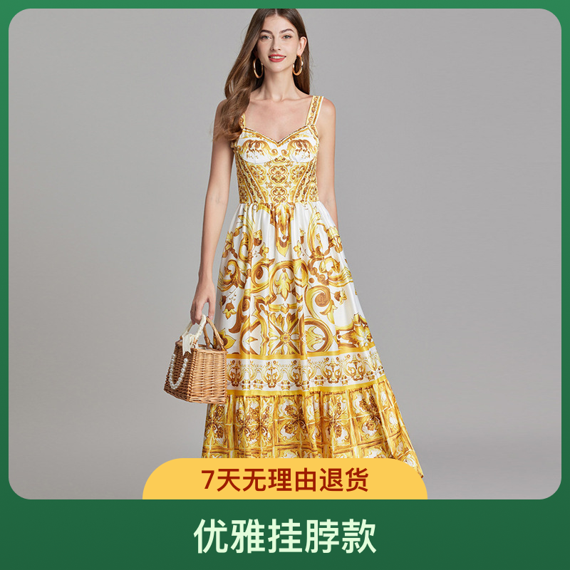 一字领2024新款欧美风性感吊带裙 大摆收腰感度假印花长款连衣裙