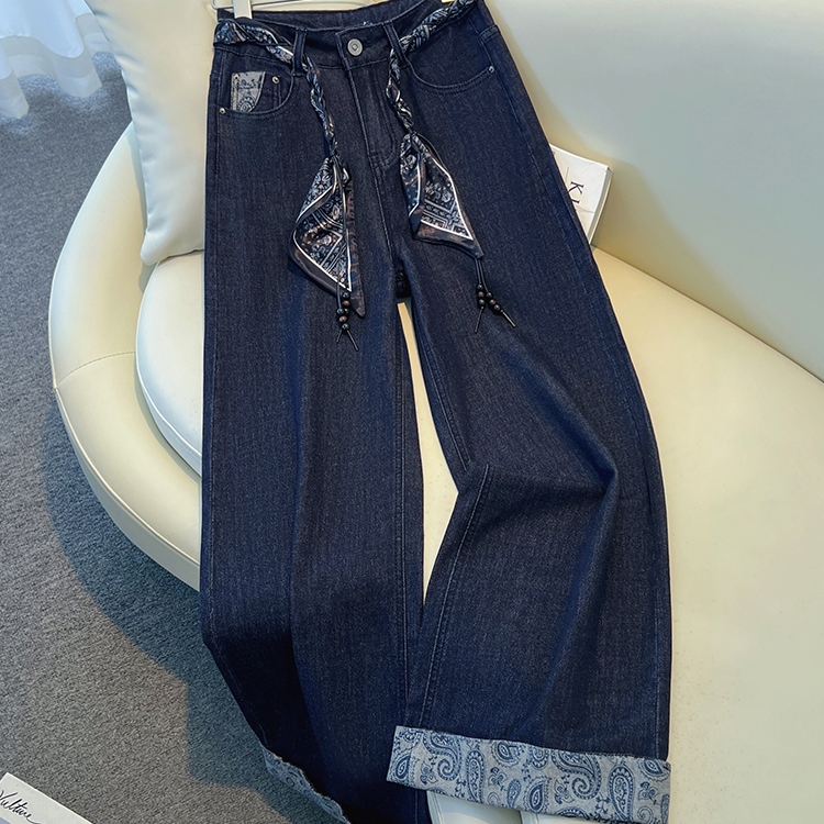 La babite深蓝色卷边阔腿牛仔裤女秋季2025款直筒裤宽松拖地长裤