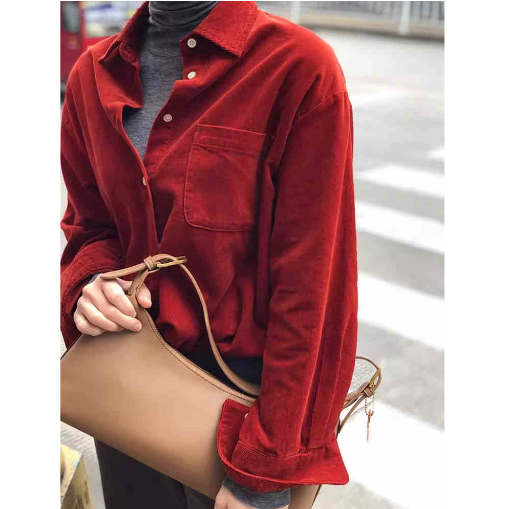 法式轻熟风显白百搭红色衬衣女秋冬高级感休闲灯芯绒加厚外穿上衣