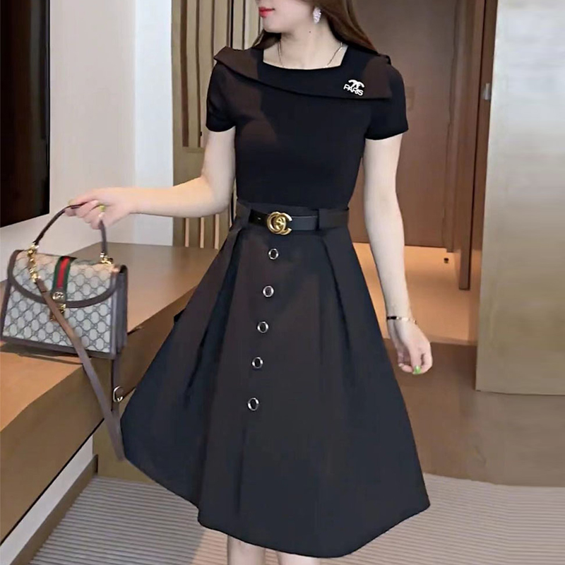 2025新款女装腰带裙子高级感轻奢时尚百搭洋气减龄短袖收腰连衣裙