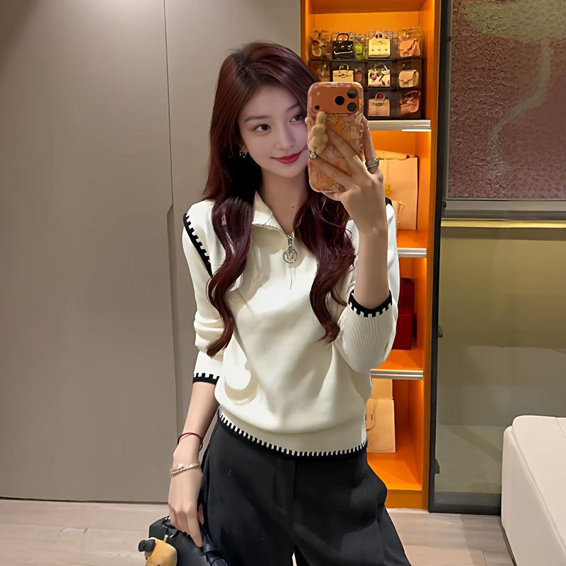 韩式休闲风翻领撞色边针织衫女毛衣秋冬季修身显瘦高级感短款上衣