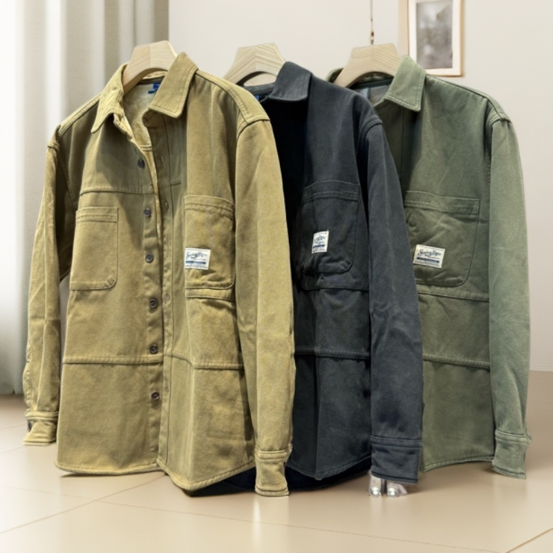 加绒保暖美式复古男士秋冬新款宽松长袖工装衬衫常规衬衣外套翻领