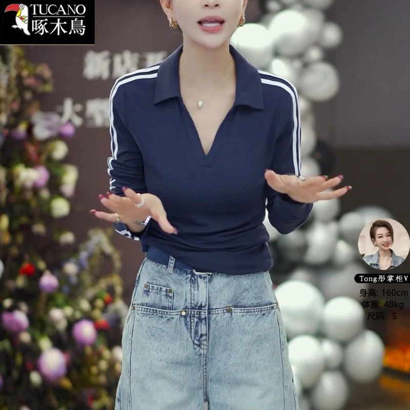 啄木鸟2025秋季新款T恤长袖气质时尚百搭翻领Polo领减龄显瘦上衣