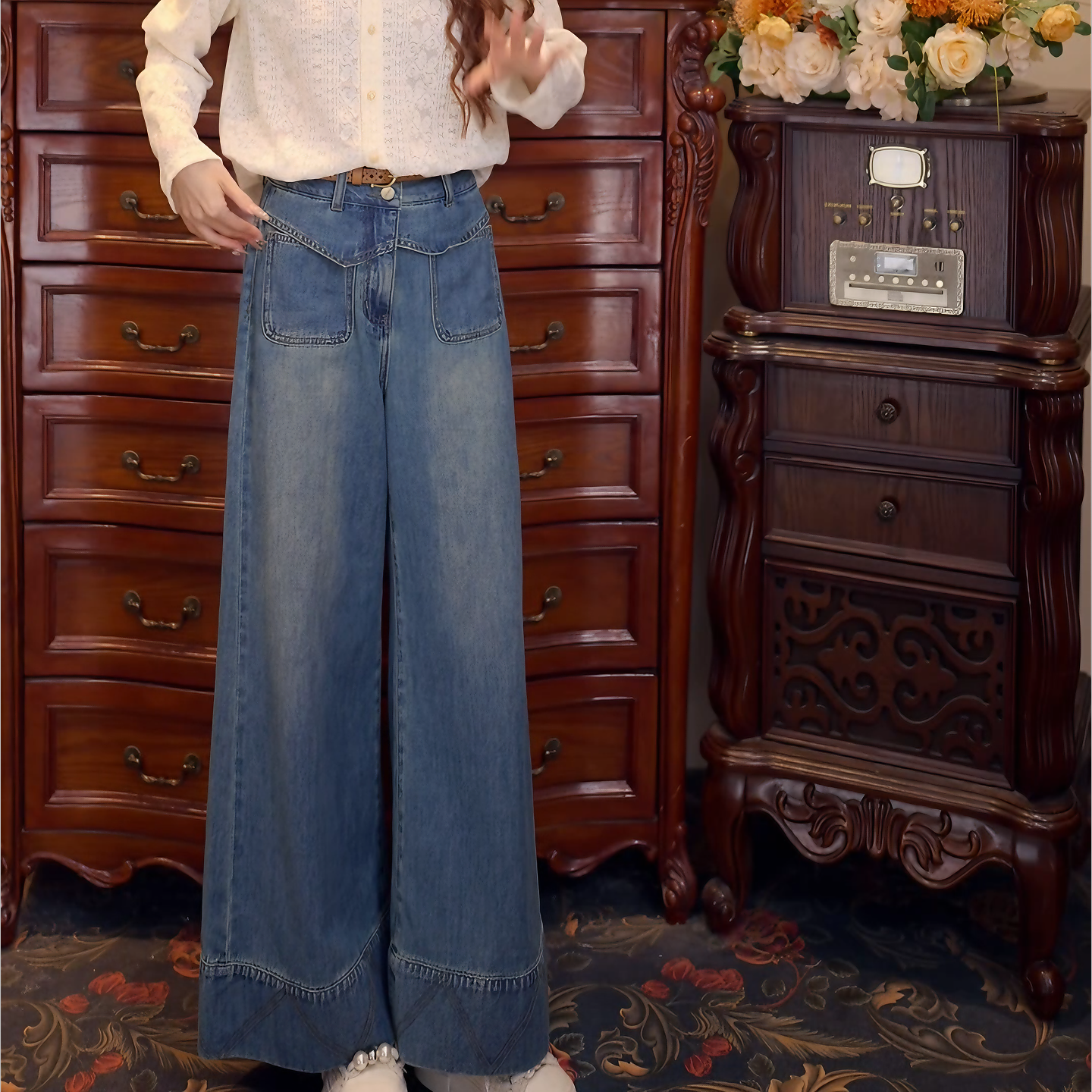 港风复古蕾丝衬衫女宽松显瘦上衣+百搭阔腿牛仔长裤套装LK2505887