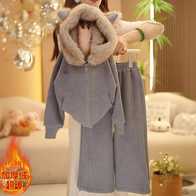 女童加绒外套卫裤套装2025新款秋冬双面加厚一体绒卡通卫衣两件套