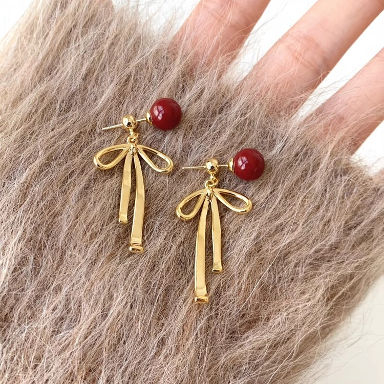 合金耳饰 红色珠珠流苏蝴蝶结耳环新年过年耳饰女轻奢高级感