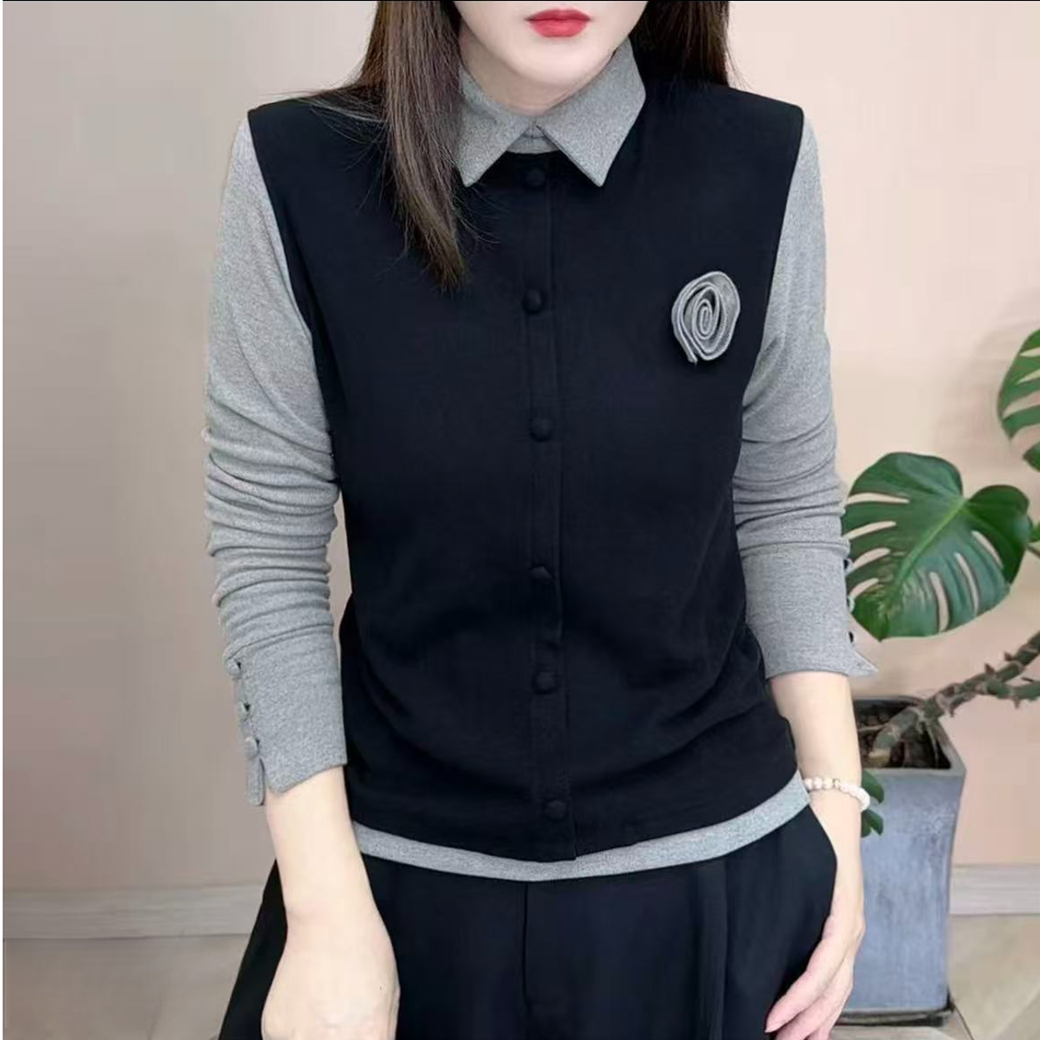 2025秋冬新品时尚百搭修身显瘦双面绒设计感翻领女士长袖上衣8251