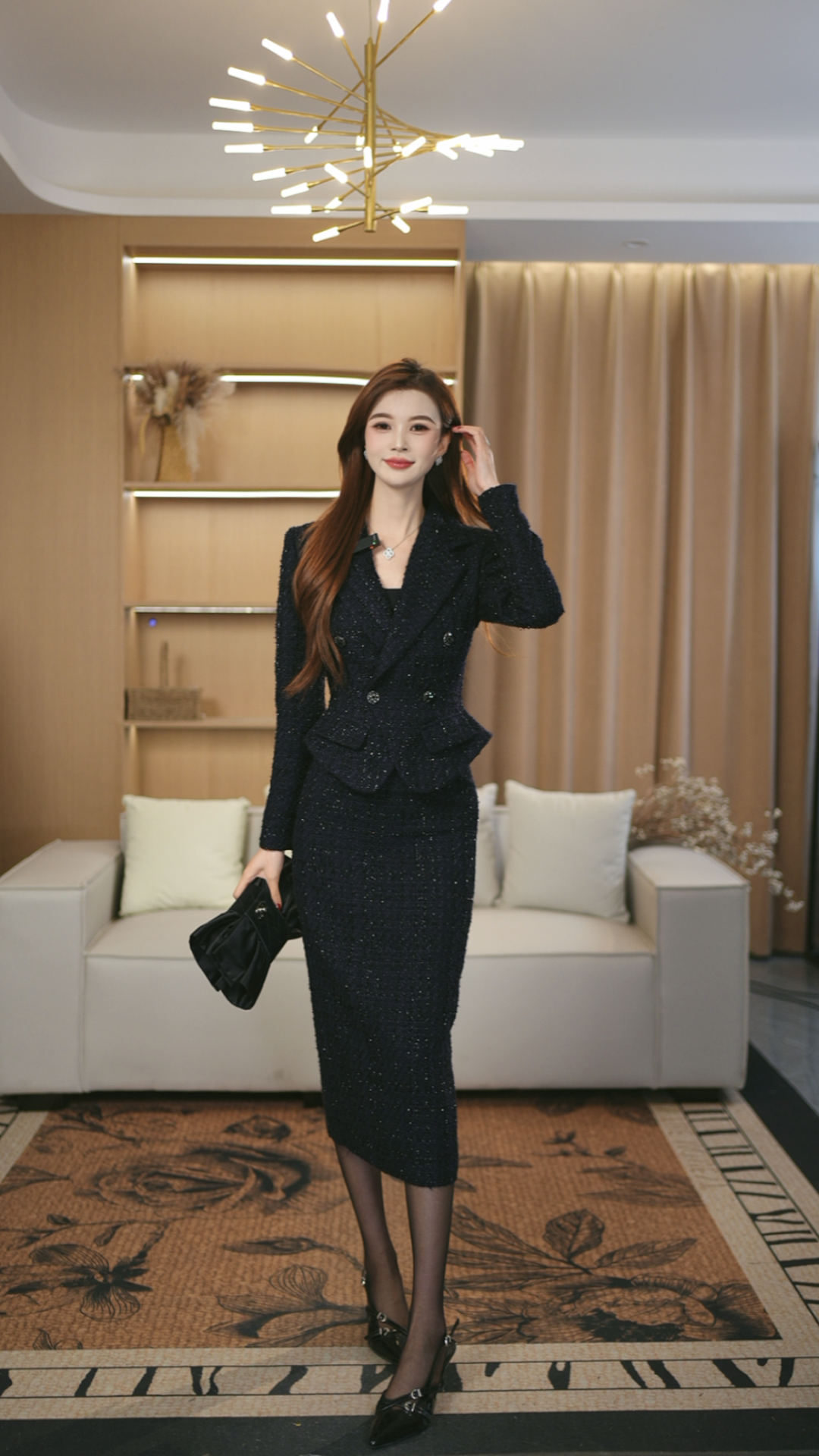 罗曼定制 原创设计藏蓝显瘦时尚套装女神范包臀裙时尚长袖女装