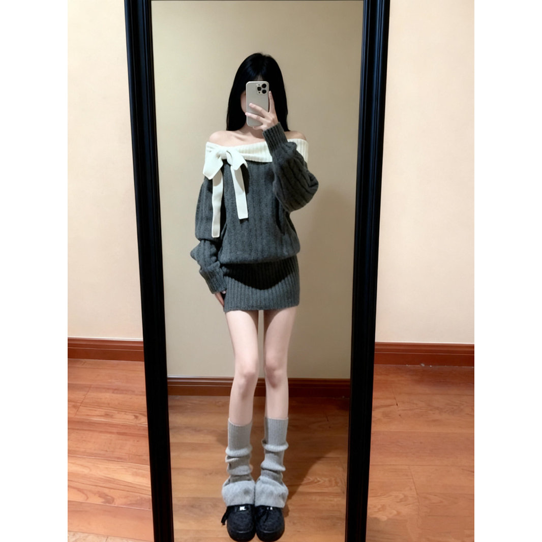 蝴蝶结毛衣连衣裙女秋冬新款氛围感韩系显瘦百搭长袖针织包臀裙潮