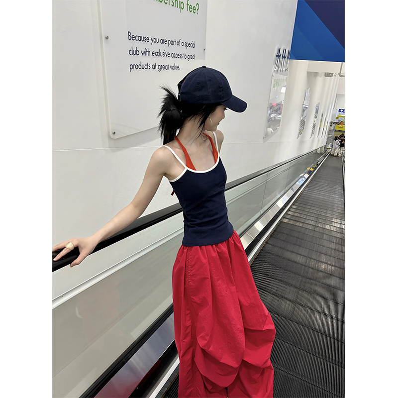 夏季辣妹穿搭女士挂脖显瘦撞色性感无袖假两件上衣阔腿时尚休闲裤