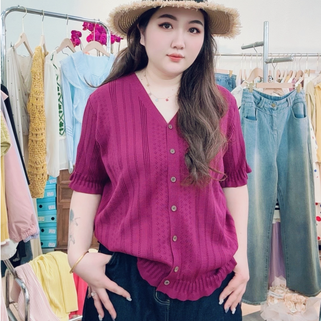 【小曹大码】显瘦时尚荷叶边胖mm镂空开衫百搭宽松女短袖针织衫2593