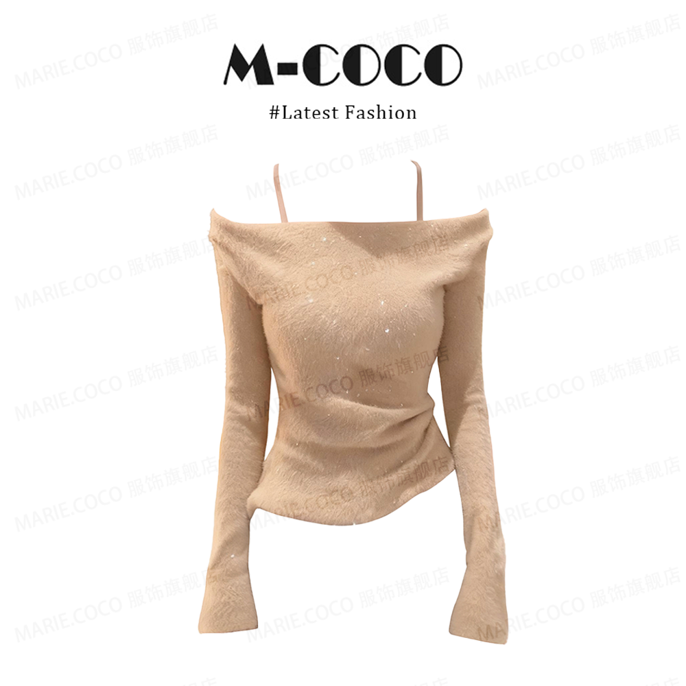MARIE.COCO温柔风荡领一字肩长袖T恤女秋冬细闪露肩毛衣针织上衣