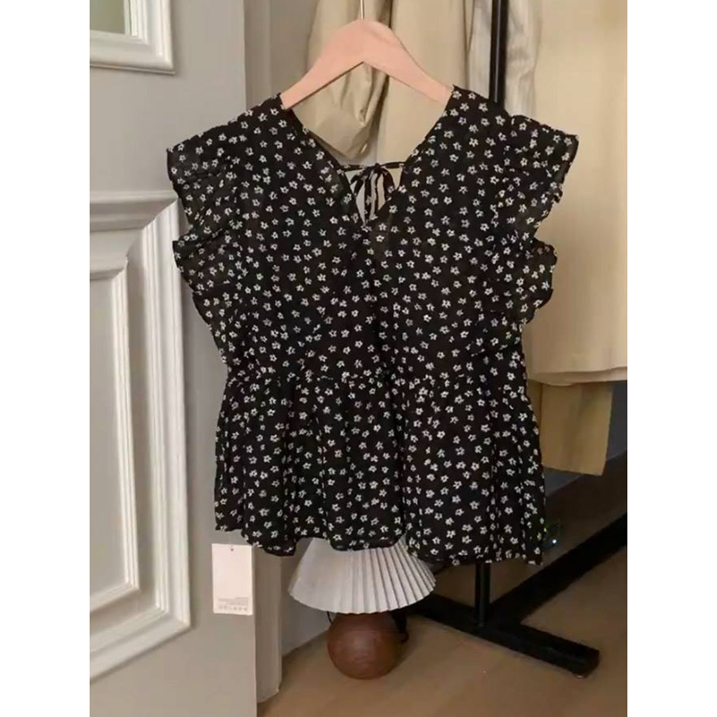 自留款无D推荐~时尚飞飞袖气质V领上衣女气质碎花显瘦薄款雪纺衫