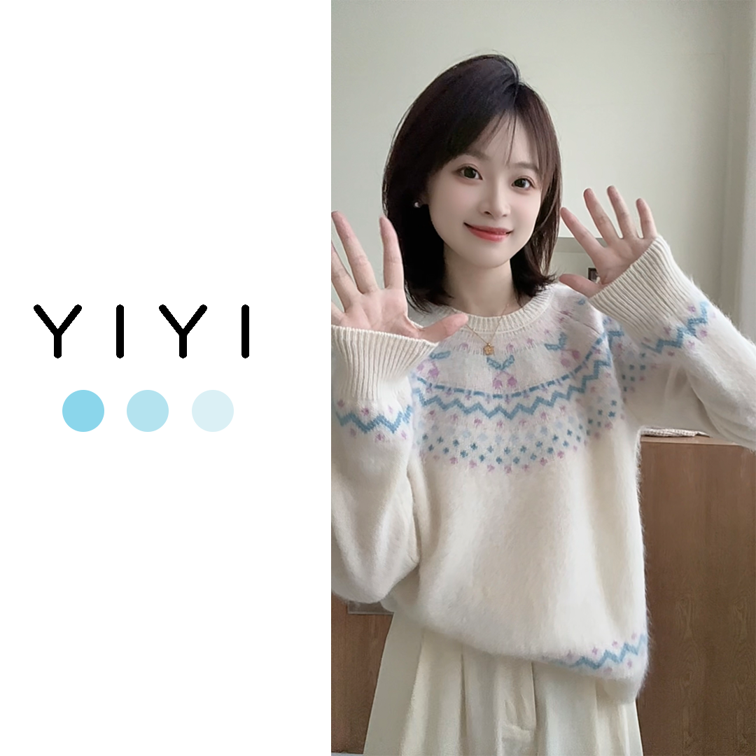 【YiYi】樱桃拉绒~韩版全羊毛费尔岛提花羊毛拉毛保暖圆领针织长袖