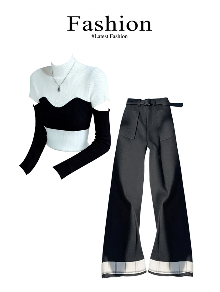 早秋巨好看轻熟上衣两件套巨好看独特漂亮气质黑白撞色针织衫套装